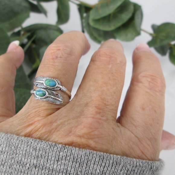 Native Sterling FEATHER Ring>925 Silver Turquoise Feather Ring,Feather Wrap ring - Picture 6 of 6